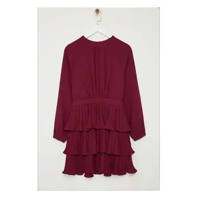 Trendyol Burgundy Skater/Waist Open Pleated Stand Collar Mini Woven Dress