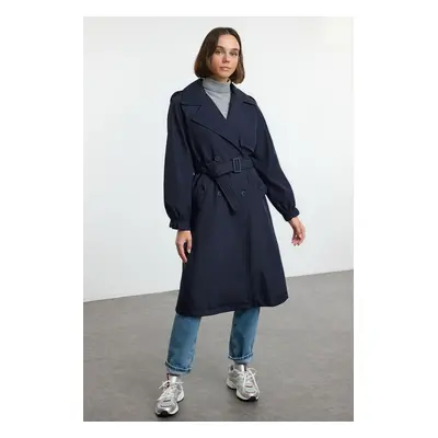 Trendyol Navy Belted Oversize Long Trench Coat