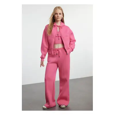 Trendyol Pink 3-Piece Fleece Hooded Relaxed Knitted Tracksuit Set