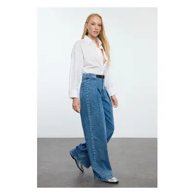 Trendyol Blue Belt Detailed Pleated High Waist Wide Leg Jeans