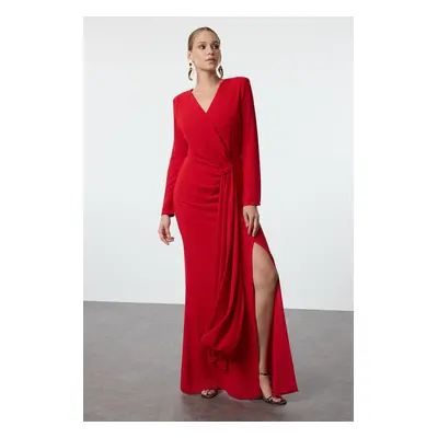 Trendyol Red Double Breasted Crepe Woven Long Elegant Evening Dress