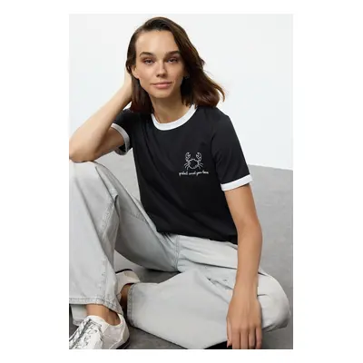 Trendyol Black 100% Cotton Embroidered Contrast Piping Detailed Knitted T-Shirt