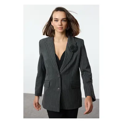 Trendyol Anthracite Premium Striped Rose Detailed Blazer Jacket