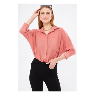 armonika Women&#39;s Dark Pink Loose Linen Shirt with Pockets