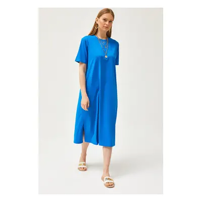 Olalook Women's Saks Blue Oversize Cotton Dress with Side Slits