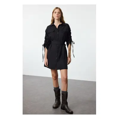 Trendyol Black Pocket and Gather Detailed Mini Woven Shirt Dress