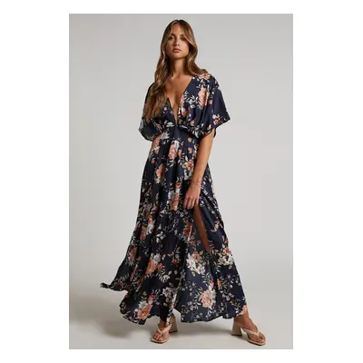 Madmext Navy Blue Patterned Long Dress With Slit Detail