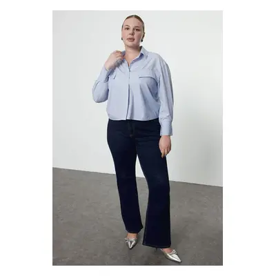 Trendyol Curve Blue-White Striped Stone Embroidered Pocket Plus Size Woven Shirt