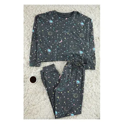 Trendyol Anthracite 100% Cotton Galaxy Patterned Knitted Pajama Set