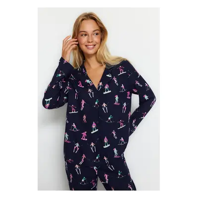 Trendyol Navy Viscose Ski Patterned Shirt-Pants Woven Pajamas Set