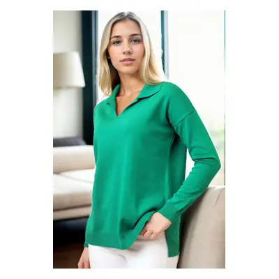 83295 Dewberry Polo Neck Long Sleeve Slit Sweater-GREEN