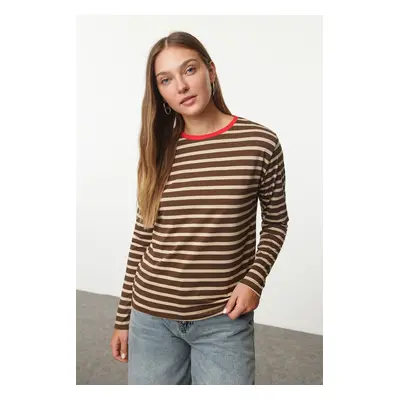 Trendyol Brown-Stone Striped Collar Colorful Ribbed Striped Basic Knitted T-shirt