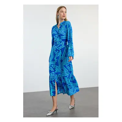 Trendyol Blue Belted Geometric Patterned Judge Collar Midi Woven Shirt Dress