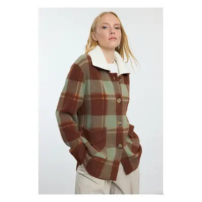 Trendyol Brown Premium Quality Plaid Coat-Look Knitwear Cardigan