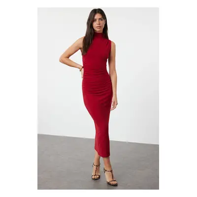 Trendyol Red Plain Gathered Maxi Zero Sleeve Draped Bodycone/Fits Body Stretch Knit Dress