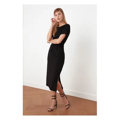 Trendyol Black 100% Cotton Waist Slit and Tie Detailed Midi Knitted Pencil Dress