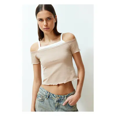 Trendyol Mink Color Blocked Carmen Collar Crop Short Sleeve Knitted Blouse