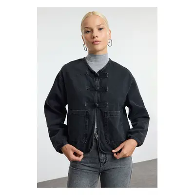 Trendyol Black More Sustainable Front Tie Oversize Denim Jacket