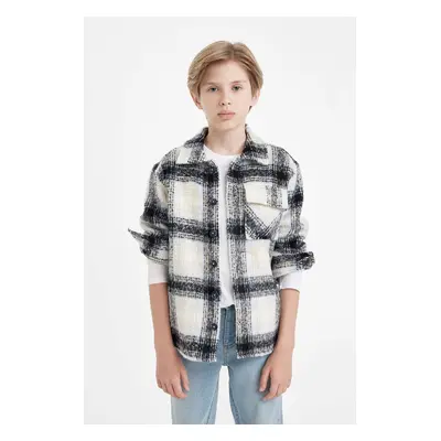 DEFACTO Boy Oversize Wide Pattern Polo Collar Flannel Plaid Shirt