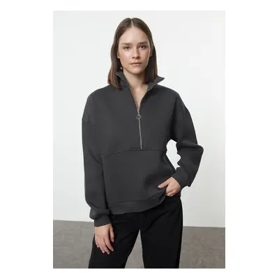 Trendyol Anthracite Oversize/Wide Fit Half Zipper Thick Inside Fleece Knitted Sweatshirt