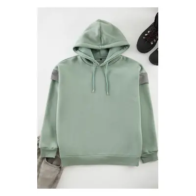 Trendyol Mint Oversize/Wide Cut Hooded Reflective Detailed Polar Fleece Sweatshirt