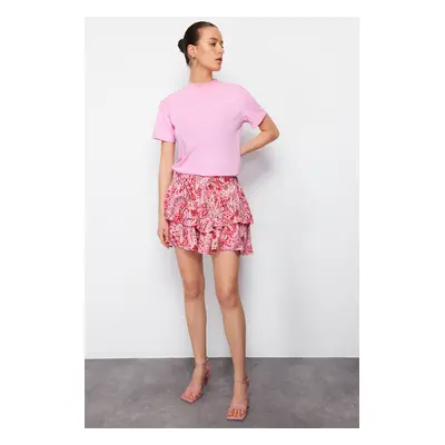 Trendyol Red Shawl Pattern Ruffled Viscose Woven Shorts with Elastic Waist Detail