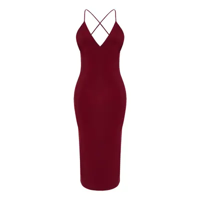 Trendyol Burgundy Fitted Knitted Elegant Evening Dress