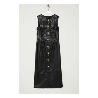 Trendyol Black Fitted Faux Leather Button Detailed Midi Woven Dress