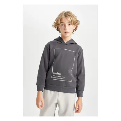 DEFACTO Boy Anthracite Hooded Printed Thick Sweatshirt