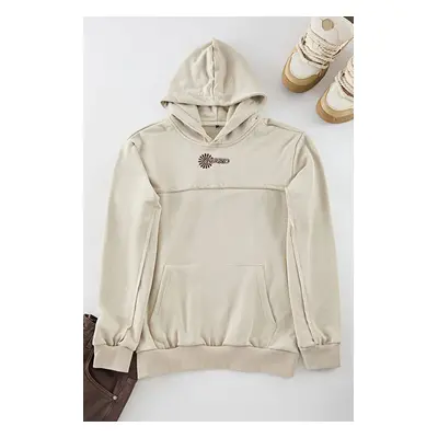 Trendyol Beige Premium Regular/Normal Cut Stitch Detailed Text Embroidered Hooded Sweatshirt