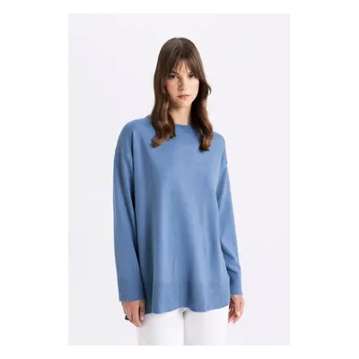 DEFACTO Regular Fit Crew Neck Side Slit Basic Plain Knitwear Sweater Tunic