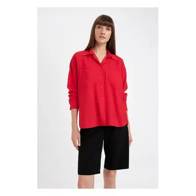 DEFACTO Oversize Fit Wide Mold Shirt Collar Basic Plain Red Long Sleeve Shirt