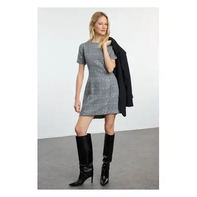 Trendyol Anthracite Plaid / Checkered Straight Cut Tweed Woven Dress