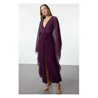 Trendyol Plum Sleeve Detailed Chiffon Long Elegant Evening Dress