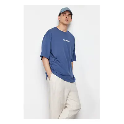 Trendyol Indigo Oversize Text Printed 100% Cotton T-Shirt