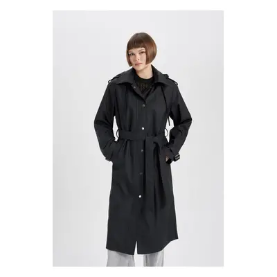 DEFACTO Water Repellent Regular Fit Hooded Belted Long Raincoat