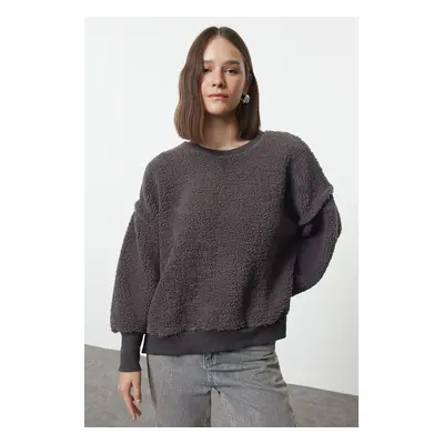 Trendyol Anthracite Plush Relaxed/Comfortable Fit Crew Neck Plush Knitted Sweatshirt