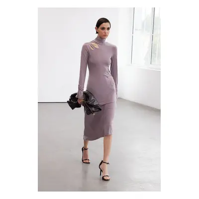 Trendyol Limited Edition Mink High Collar Fitted Knitted Dress with Cut Out Detail