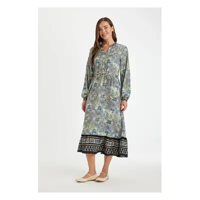 DEFACTO Regular Fit Open Neck Patterned Buttoned Long Sleeve Maxi Dress