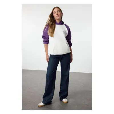 Trendyol Purple Slogan Printed Color Block Oversize Thick Polar Fleece Knitted Sweatshirt