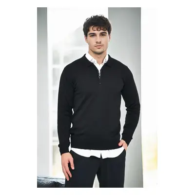 82155 Dewberry Polo Neck Half Zipper Slim Fit Mens Sweater-BLACK