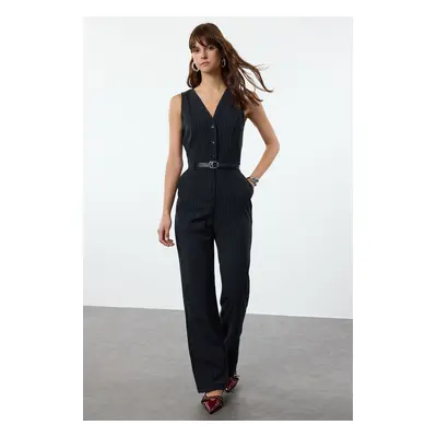 Trendyol Navy Blue Belted Striped Long Jumpsuit