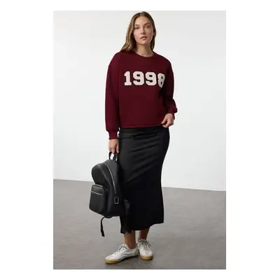 Trendyol Claret Red Thick Inside Fleece Regular/Normal Cut Slogan Embroidered Knitted Sweatshirt