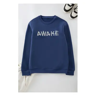 Trendyol Navy Blue Oversize/Wide Cut Fleece Inside/Warm Text Embroidered Sweatshirt