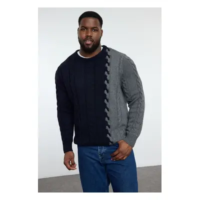 Trendyol Navy Blue Men's Slim Fit Crew Neck Color Block Knitwear Plus Size Sweater