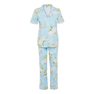 Trendyol Curve Blue Floral Patterned Shirt Collar Knitted Pajama Set