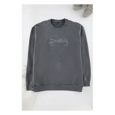 Trendyol Anthracite Oversize/Wide Cut Crew Neck Text Embroidered Vintage/Faded Effect Sweatshirt