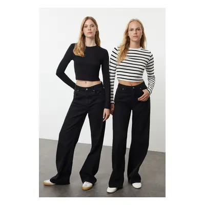 Trendyol Black-Black Striped Fitted Viscose/Soft Fabric Stretchy Knitted Blouse