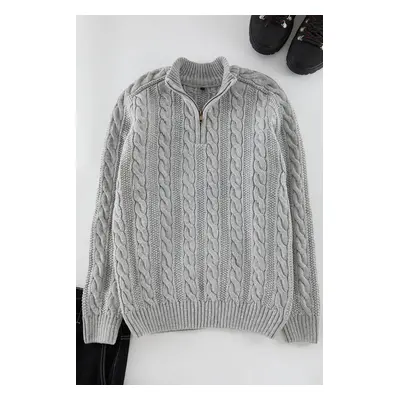 Trendyol Grey Unisex Zippered Half Turtleneck Knit Sweater