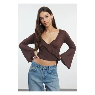 Trendyol Brown Wrap Knitwear Look Spanish Sleeve Regular/Normal Fit Knitted Blouse